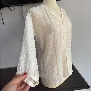 REBECCA TAYLOR SILK SHEER IVORY FABRIC DOT LONG BUTTONED SLEEVE BLOUSE SZ 4 NWT